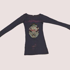 Ed Hardy Long Sleeve Rhinestone Skull Top – Love Kills Slowly – Charcoal / Dark